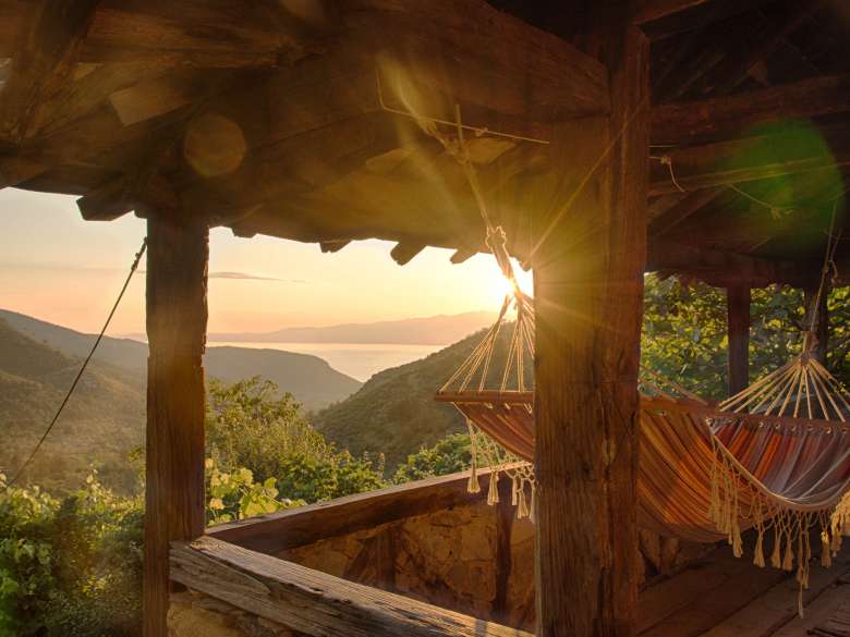 Meerblick bei Sonnenuntergang von der Loggia des Ferienhauses Karavousi